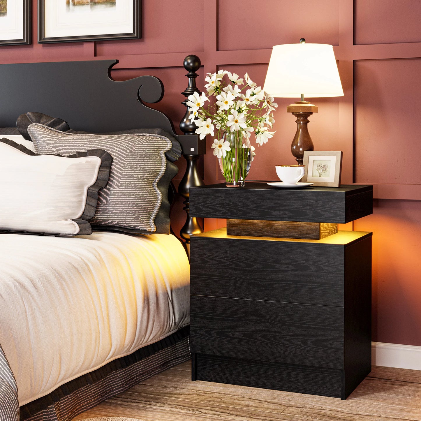 Likimio Nightstand With Charging Station LED Light Drawers