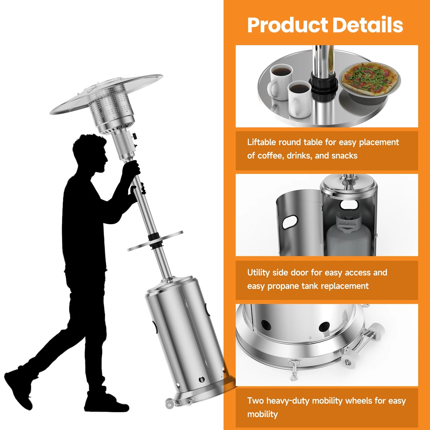 DishyKooker 42000 BTU Propane Umbrella Outdoor Patio Heater Stainless Steel