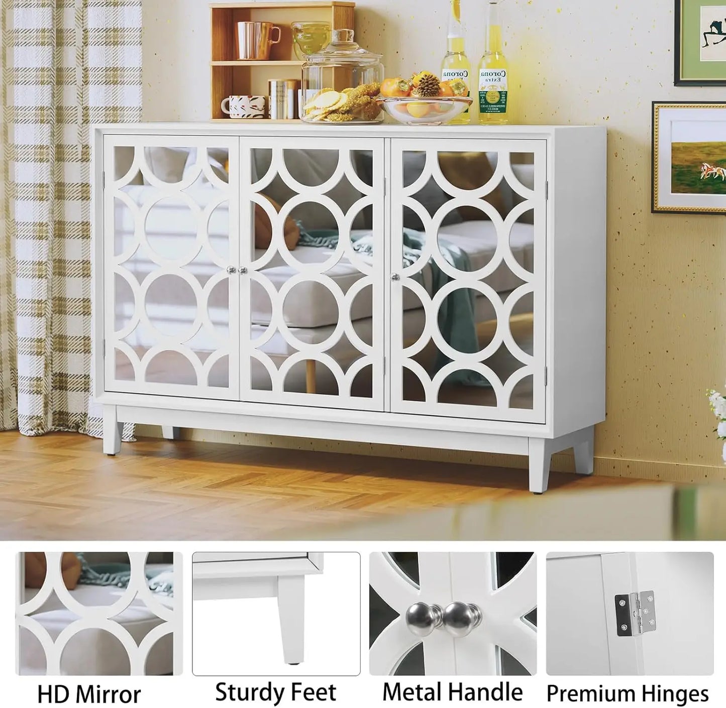 XMSJH Sideboard Cabinet With 3 Mirror Doors Modern Buffet