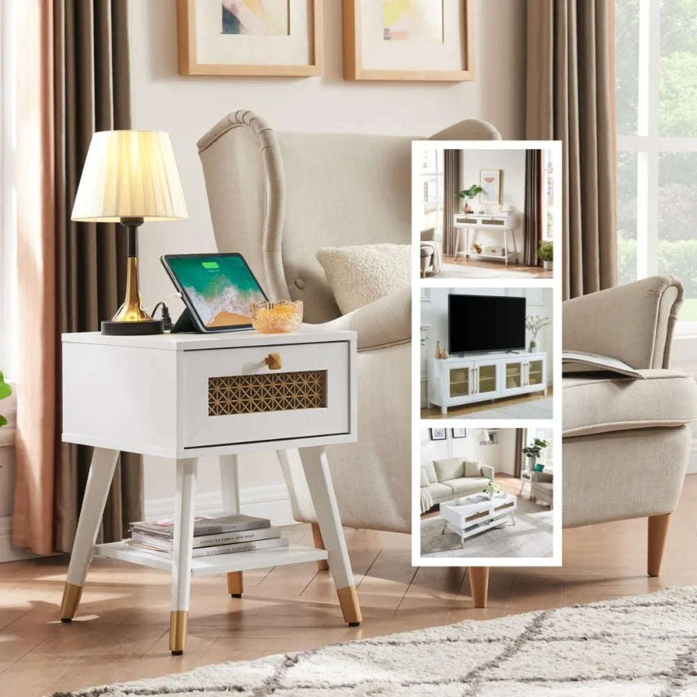 Hign-concerned Boho Side Table With USB Ports And Drawer