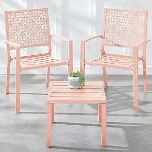 3-Piece Outdoor Bistro Set, Stackable Modern Steel Furniture for Porch, Garden w/ 2 Chairs, Table, Geometric Decor - Peacock Bl
