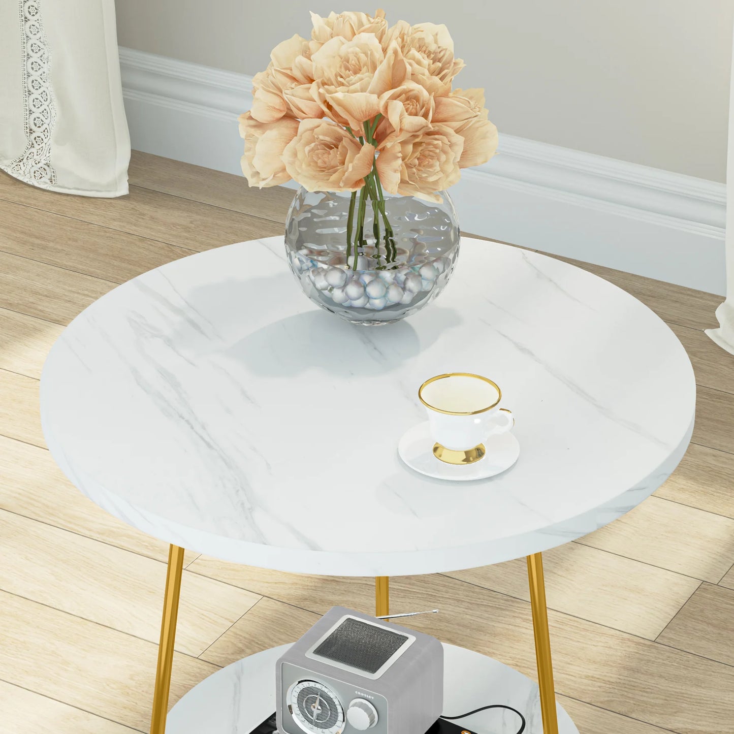 Tribesigns 2 Tier Faux Marble End Table Round Side Table with Shelves Small Coffee Accent Table for Living Room, White and Gold