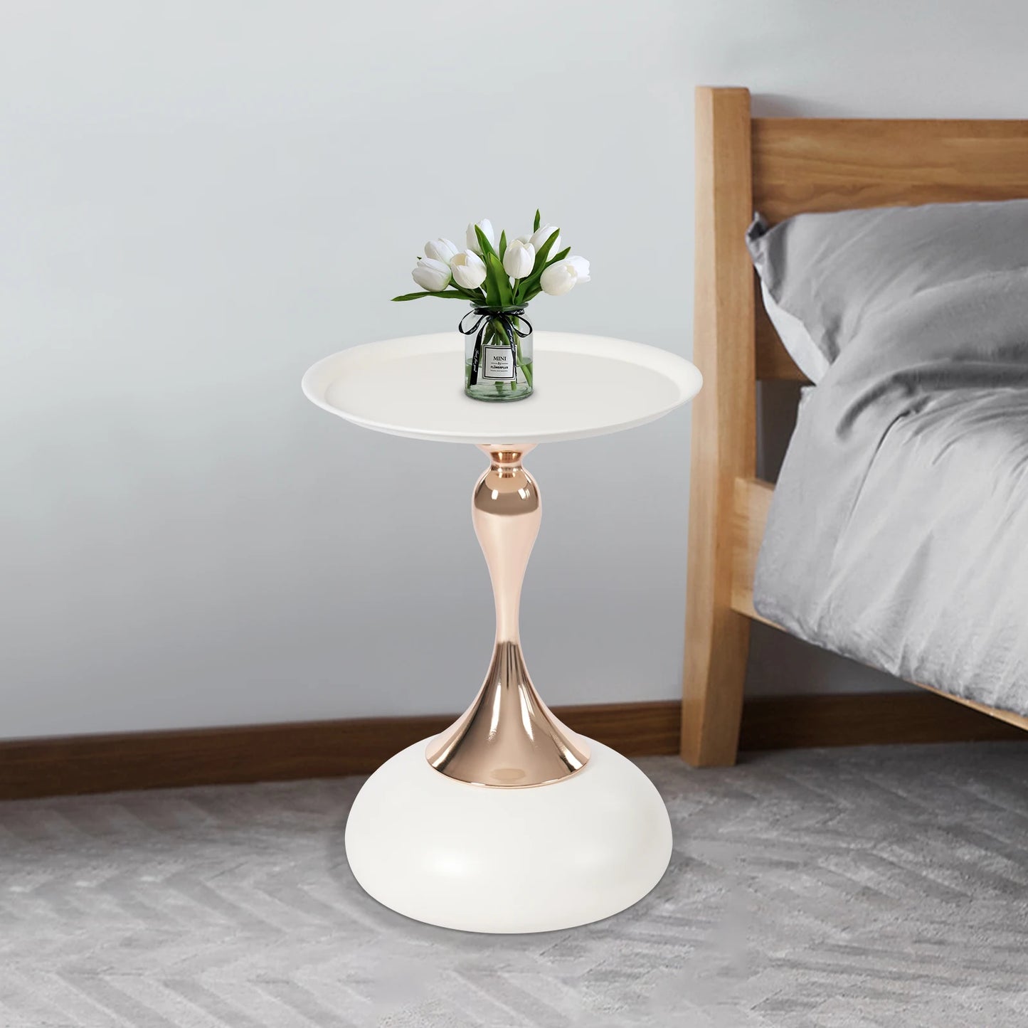 White, Round End Table, Metal Side Table Small Table, Floor Standing Sofa Side Table Nightstand, for Living Room Bedroom Office