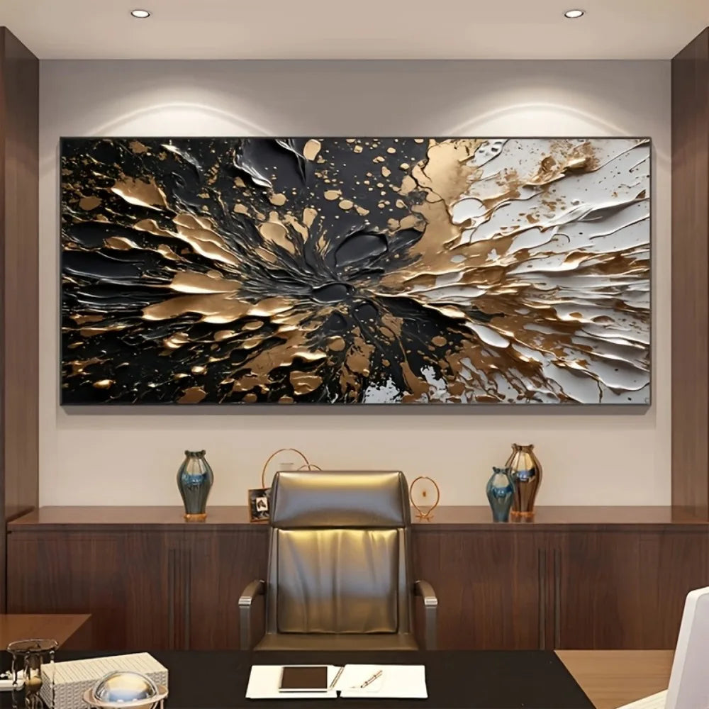 Modern abstract black gold ink splash texture wall mural, suitable for interior decoration, 1.5 inch thick pine solid wood frame