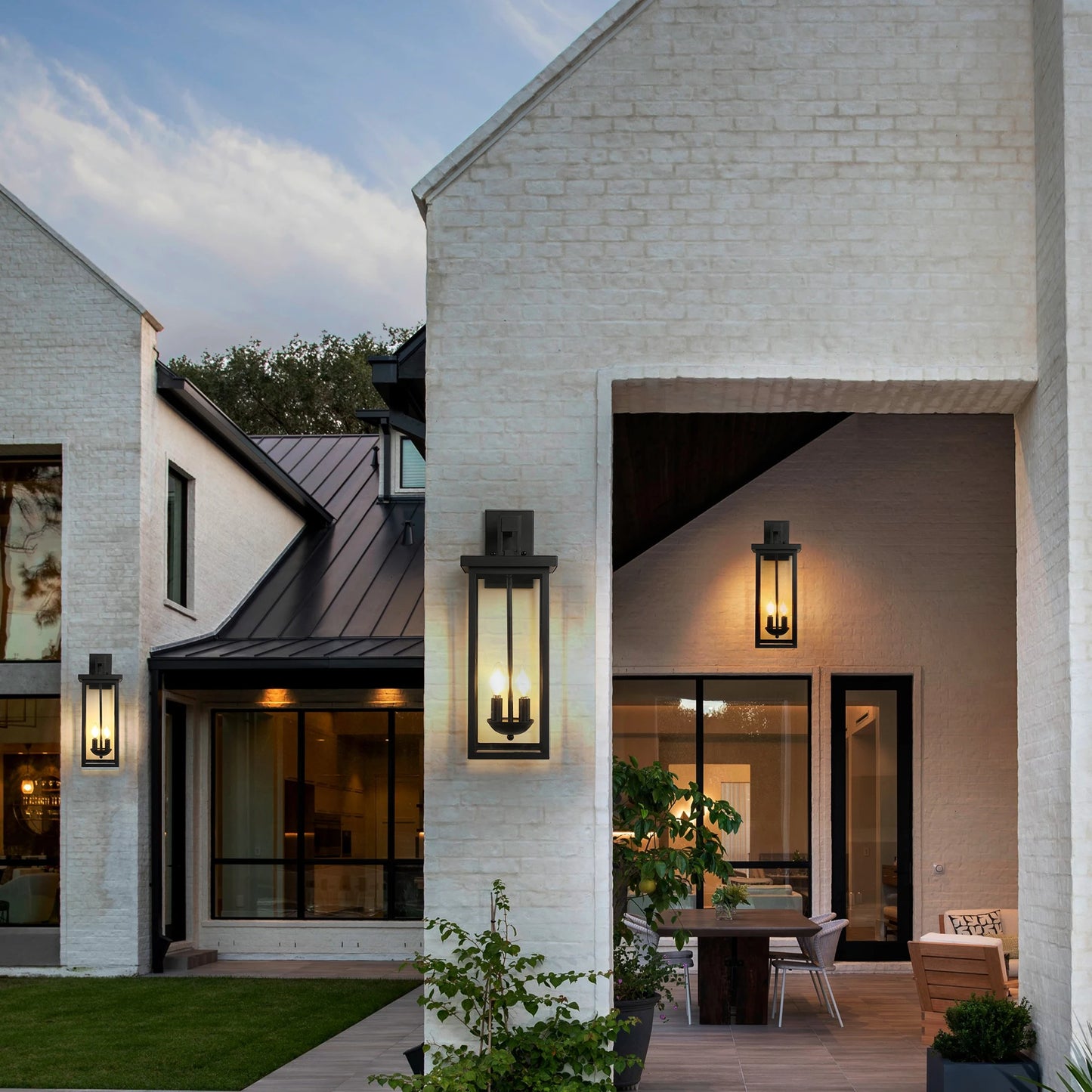 22"(H) Outdoor Wall Lantern with Dusk to Dawn Sensor Matte Black Finish Clear Glass Panels Weatherproof Exterior Light