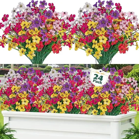 24 Pcs Artificial Flowers for Outdoor,Plastic Flowers Decoration, UV Resistant Faux Flowers Shrubs, Artificial Plants for Indoo