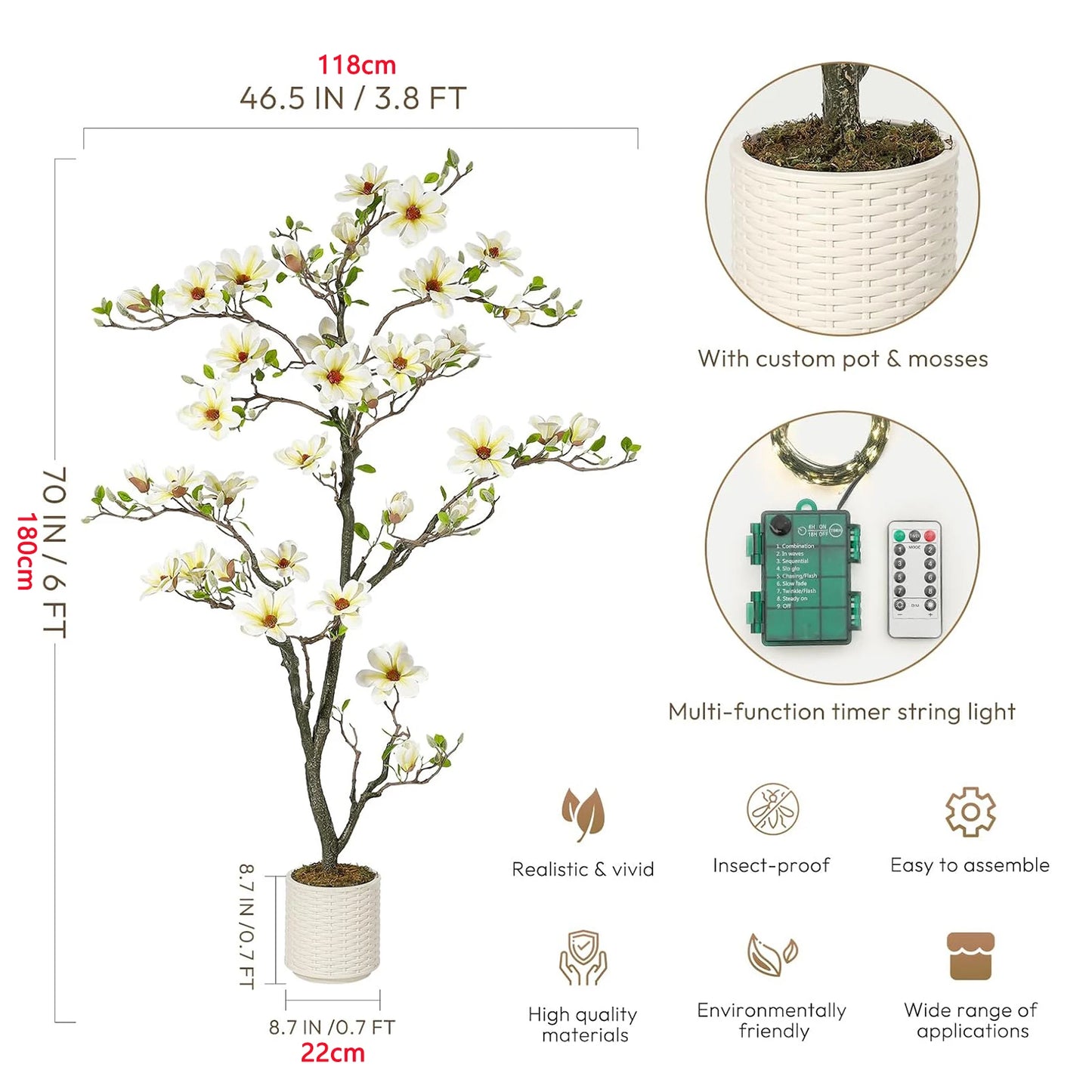 Artificial Magnolia Plant With LED Light For Outdoor Patio Decor