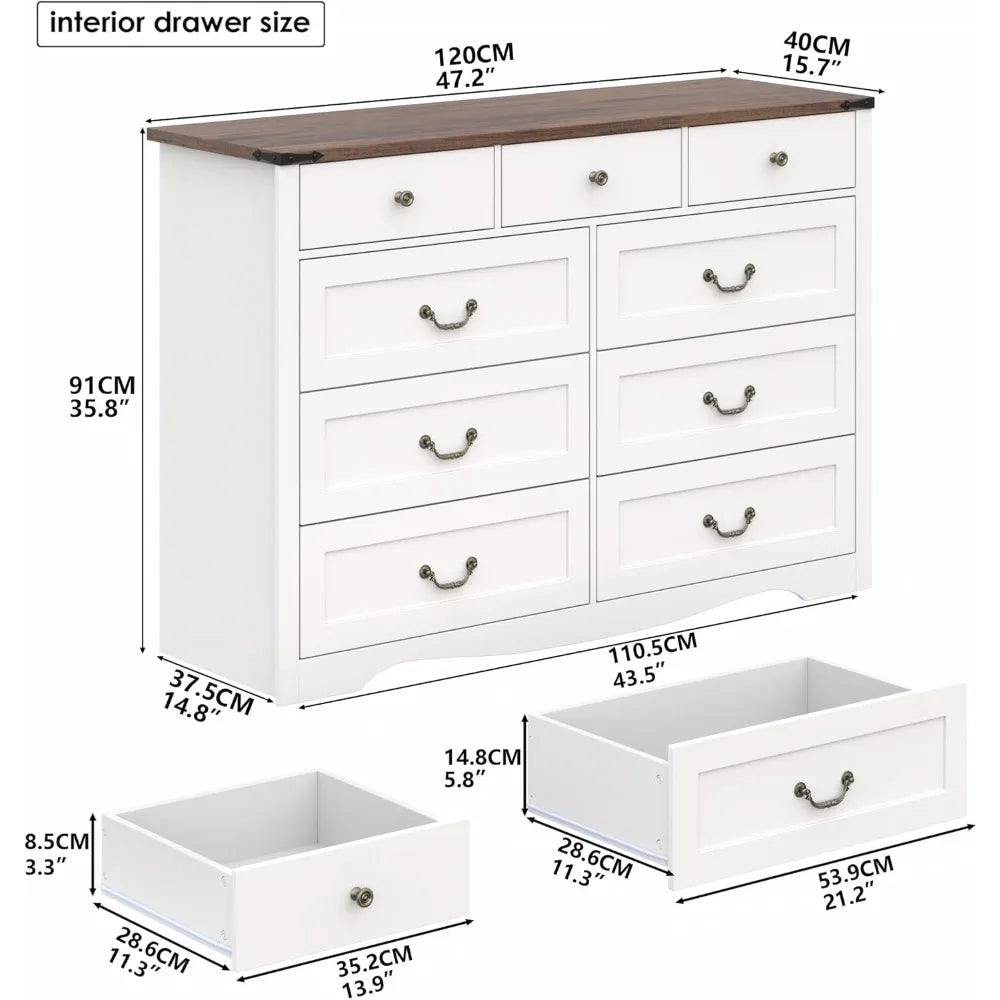 XUYUAN Farmhouse 9 Drawer Dresser For Bedroom Storage