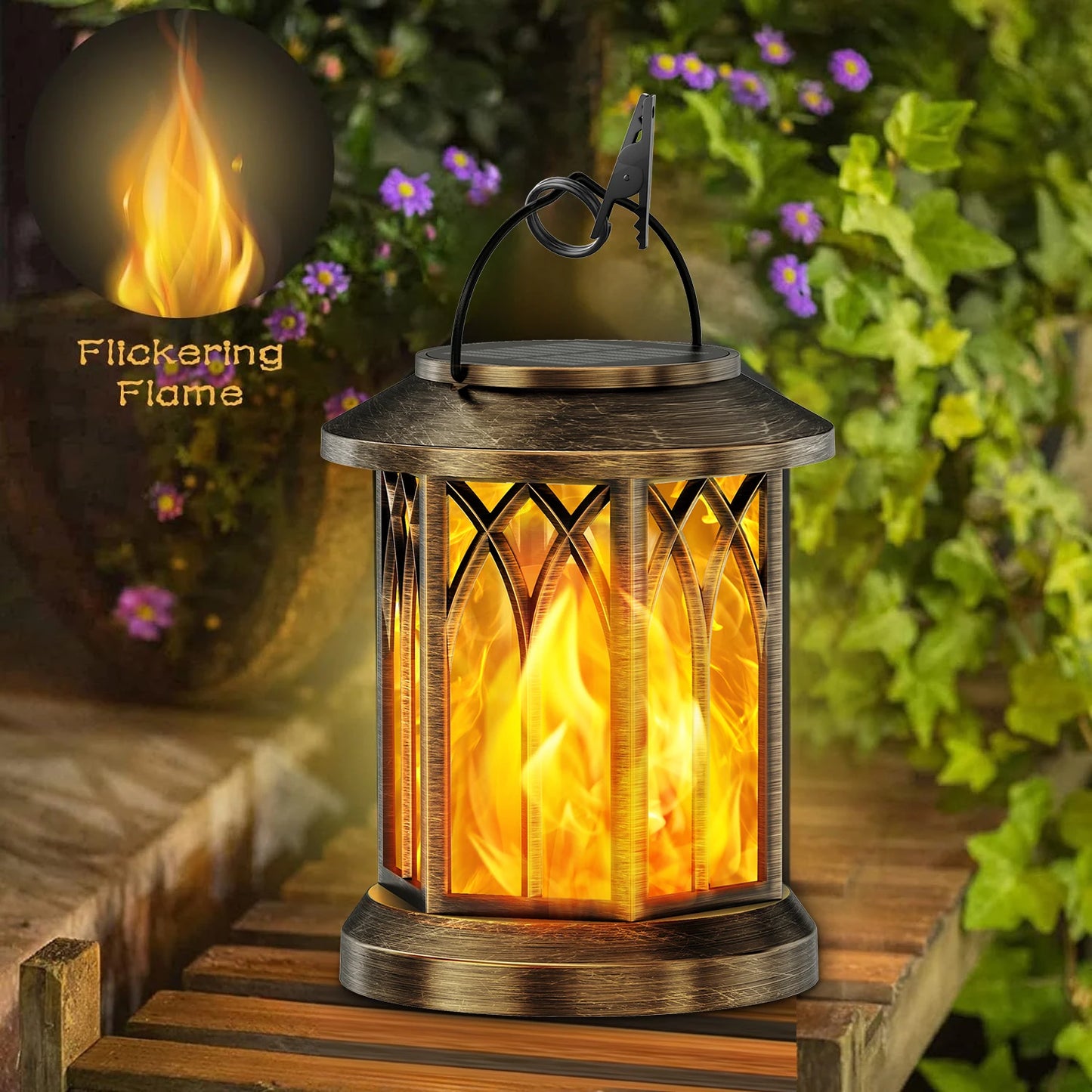 2 Pack Upgraded Flickering Flame Solar Lanterns Lights Outdoor, Solar Hanging Lights Outdoor for Garden, Bronze/Black