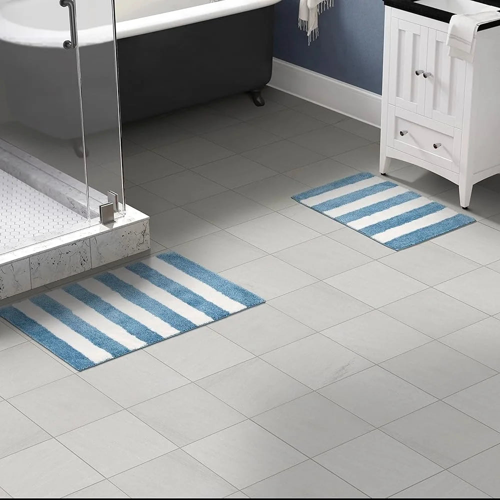 Beach Stripe Washable Bath Rug Set Non-Slip Soft Absorbent Bathroom Mats Quick-Dry Machine Washable Durable Cozy Comfort 2-Piece