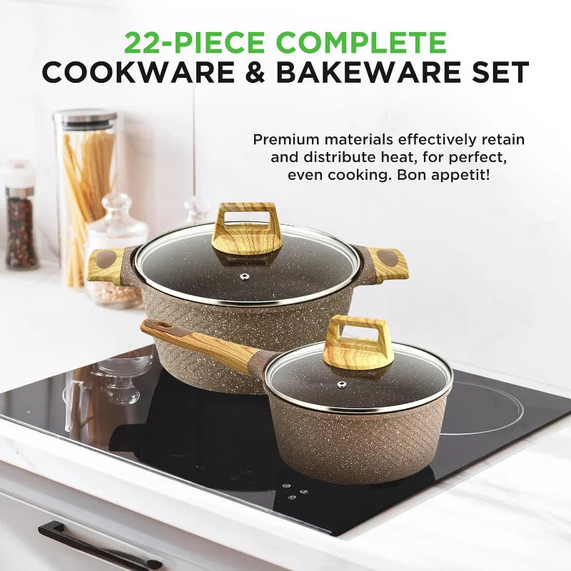 Nutrichef 22-Piece Maroon Marble Non-Stick Cookware and Bakeware Set - Professional Home Kitchen Collection with Multi-Sized