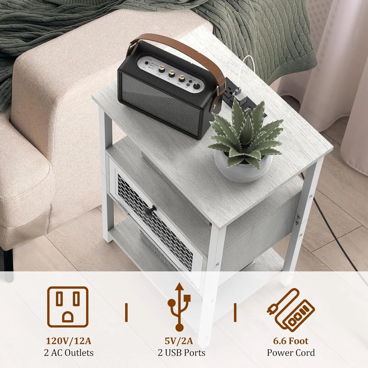 ZISIZ Nightstand Charging Station End Side Table Drawer