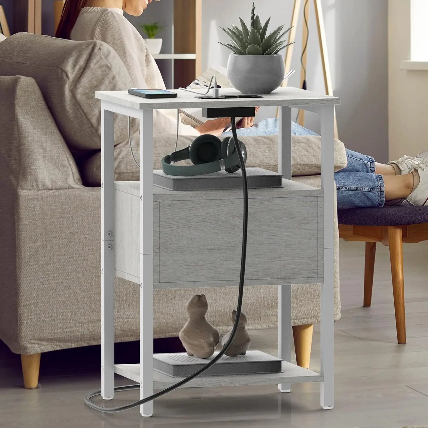 ZISIZ Nightstand Charging Station End Side Table Drawer