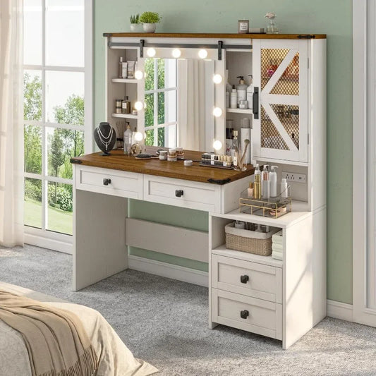 Hign-concerned Farmhouse Vanity Desk With Charging Station
