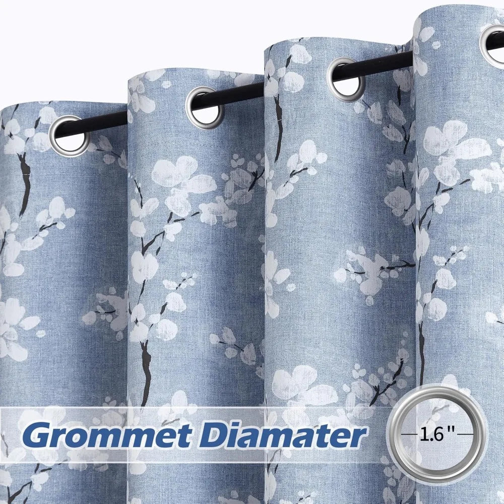 FMFUNCTEX 100% Blackout Sliding Door Curtains for Living Room, Blue Floral Print Extra 100 Wide Window Curtain Panels for Slidin