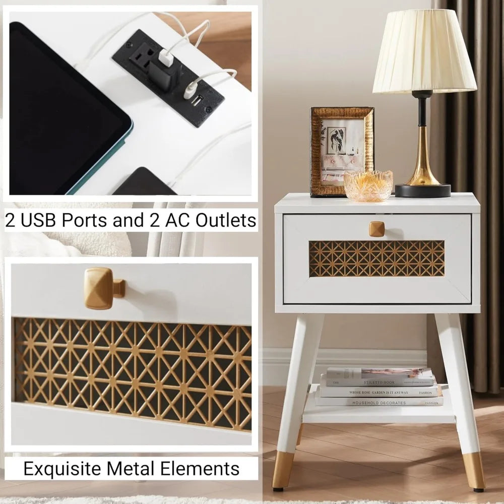 Hign-concerned Boho Side Table With USB Ports And Drawer