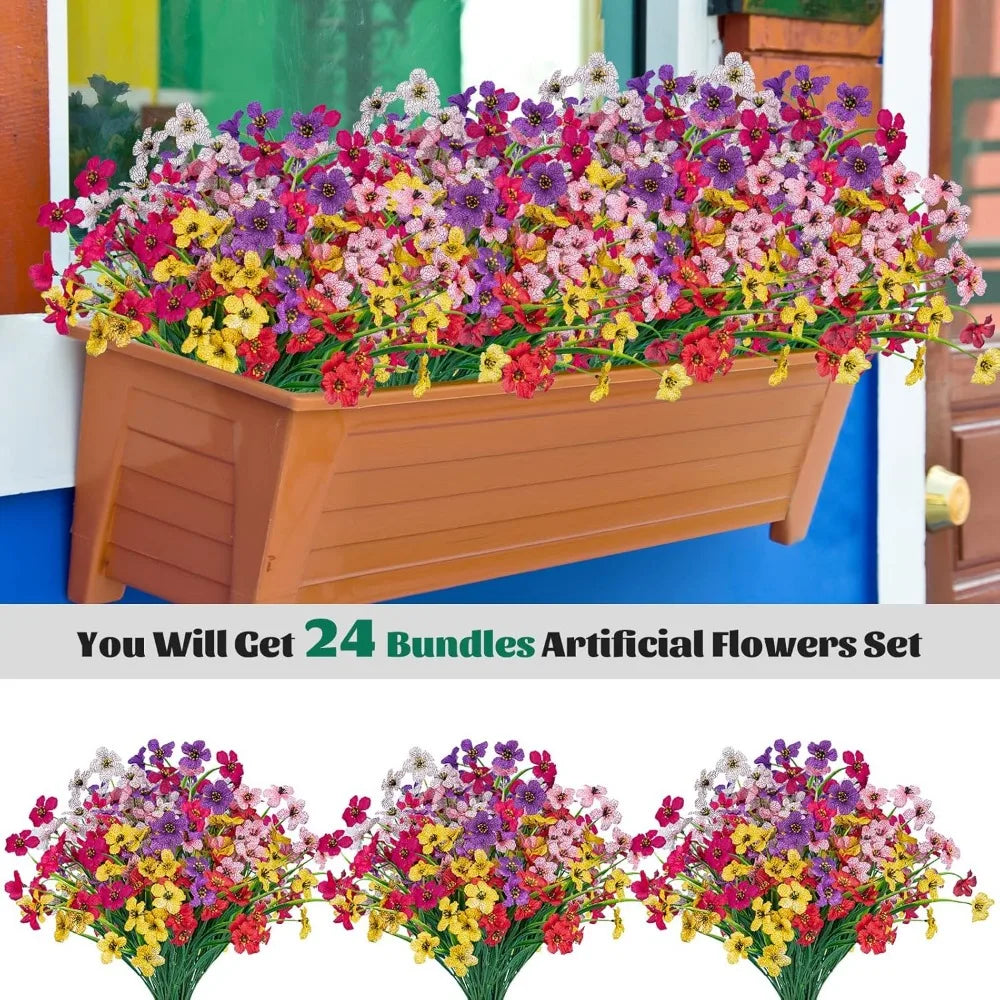 24 Pcs Artificial Flowers for Outdoor,Plastic Flowers Decoration, UV Resistant Faux Flowers Shrubs, Artificial Plants for Indoo