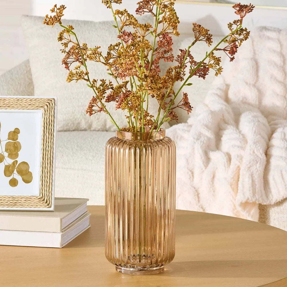 10 Inch Ribbed Glass Vase Champagne Elegant Decorative Cylinder Home Decor Fresh Flowers Indoor Display
