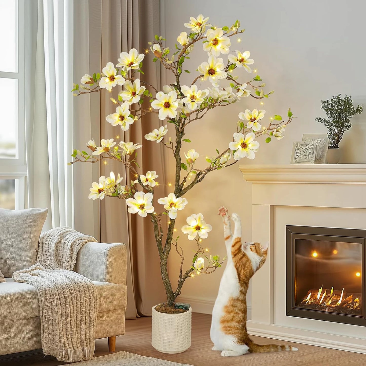 Artificial Magnolia Plant With LED Light For Outdoor Patio Decor