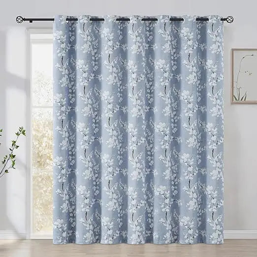 FMFUNCTEX 100% Blackout Sliding Door Curtains for Living Room, Blue Floral Print Extra 100 Wide Window Curtain Panels for Slidin