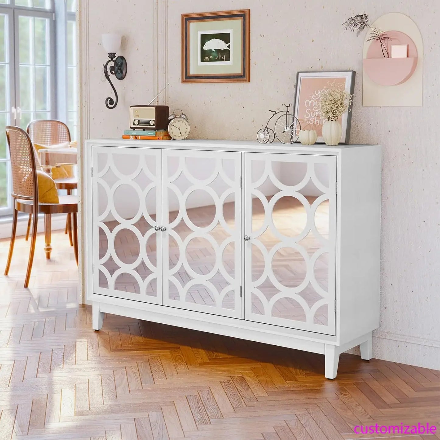 XMSJH Sideboard Cabinet With 3 Mirror Doors Modern Buffet