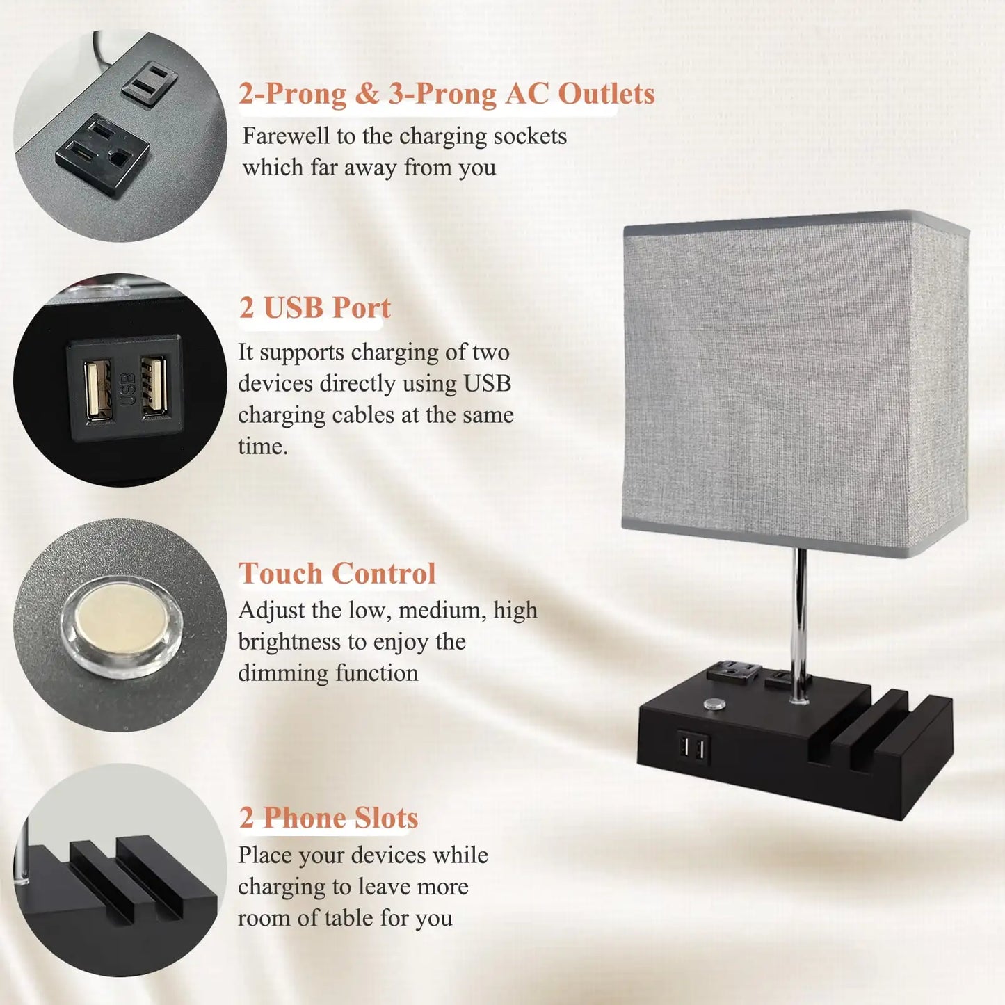 SZRSTH Dual USB Port Bedside Table Lamp With Dimmable LED