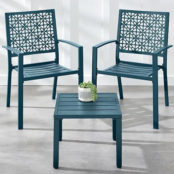 3-Piece Outdoor Bistro Set, Stackable Modern Steel Furniture for Porch, Garden w/ 2 Chairs, Table, Geometric Decor - Peacock Bl