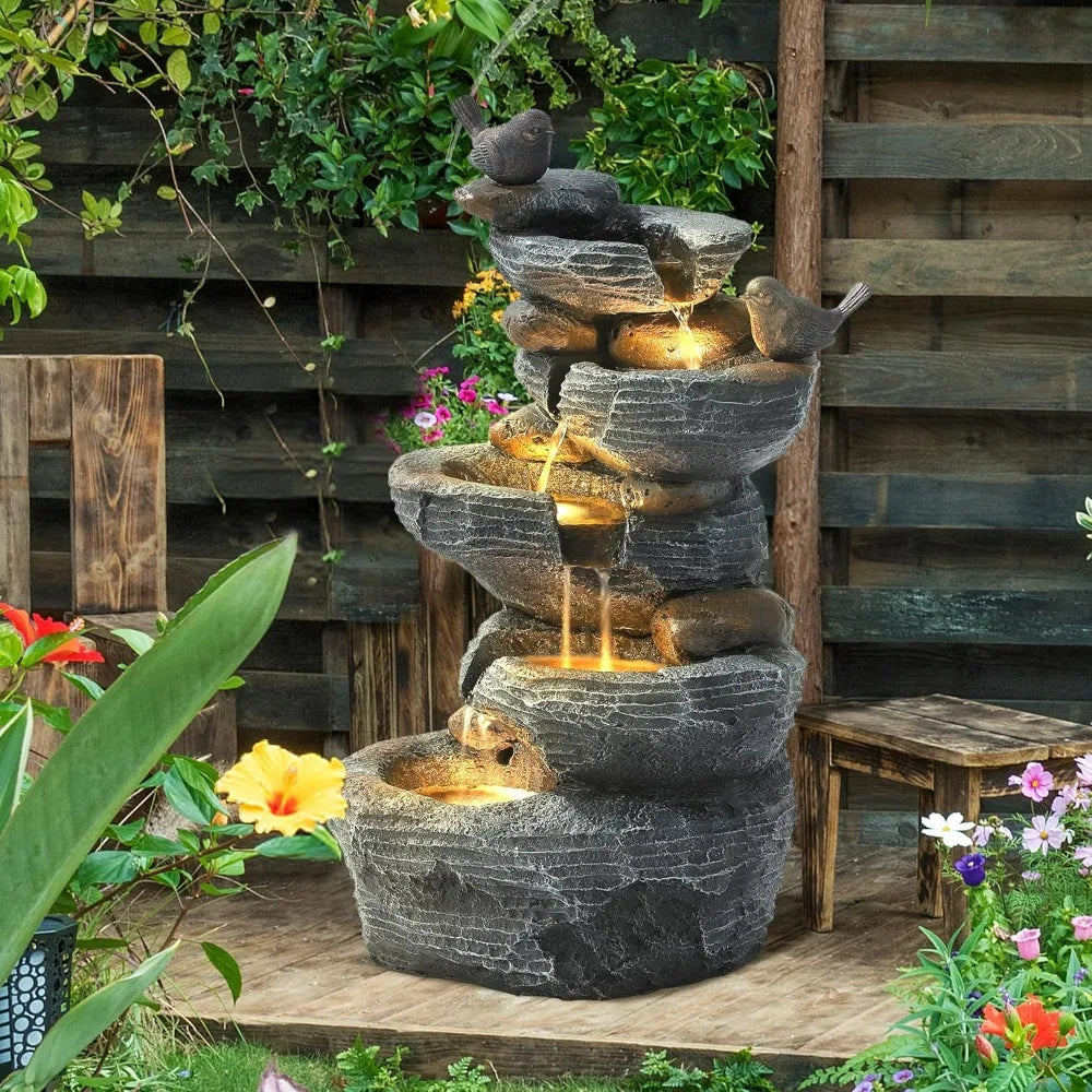 Grepatio Outdoor 5 Tier Cascading Rock Water Fountain