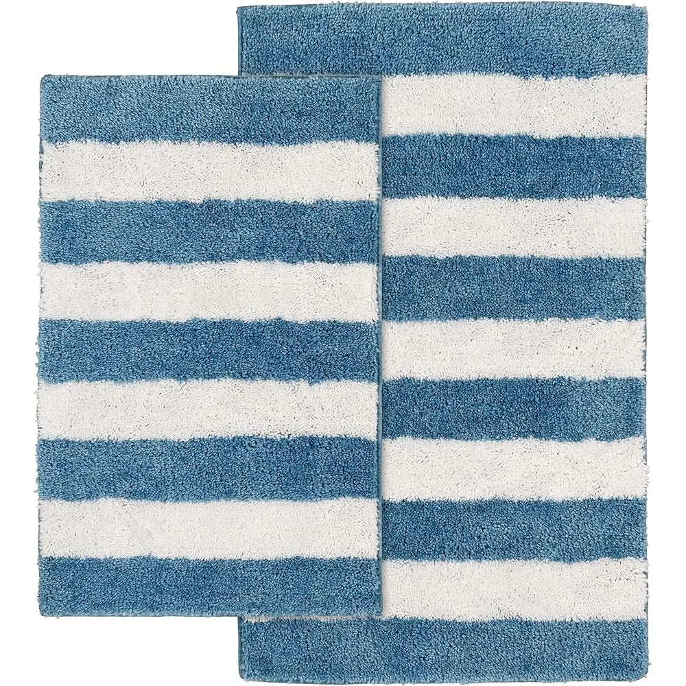 Beach Stripe Washable Bath Rug Set Non-Slip Soft Absorbent Bathroom Mats Quick-Dry Machine Washable Durable Cozy Comfort 2-Piece