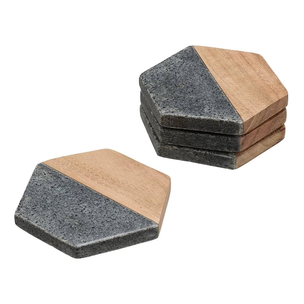 4 Piece Hexagonal Natural Wood and Stone Coaster Set Modern Home Decor Handwash Only Ideal Parties Everyday Use