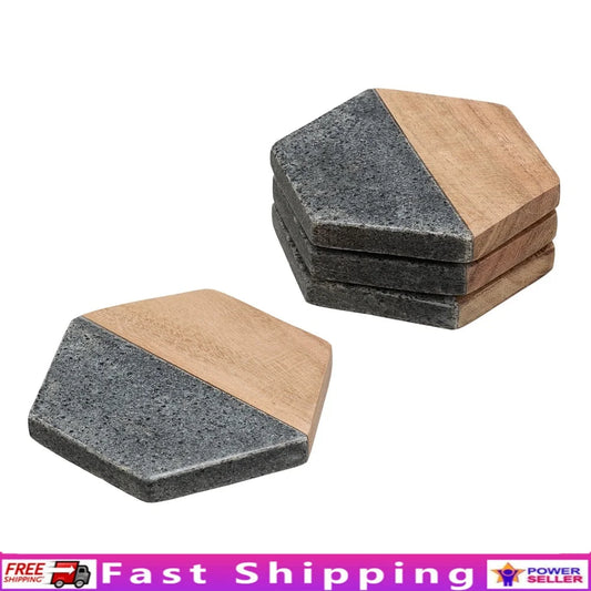 4 Piece Hexagonal Natural Wood and Stone Coaster Set Modern Home Decor Handwash Only Ideal Parties Everyday Use