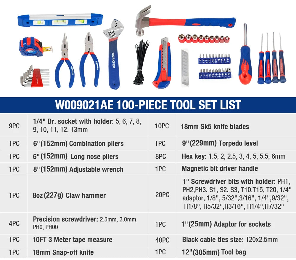 WORKPRO 100Pcs Tool Set Pliers Screwdrivers Sockets Wrenches