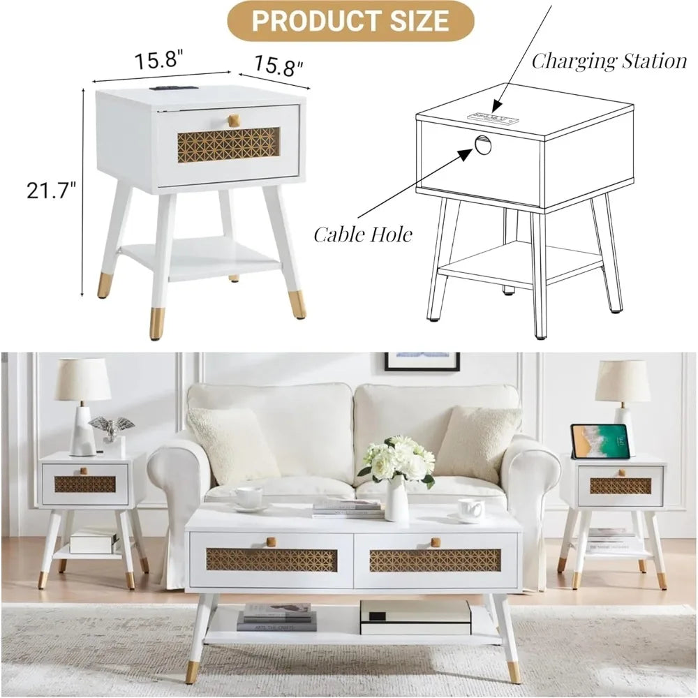 Hign-concerned Boho Side Table With USB Ports And Drawer