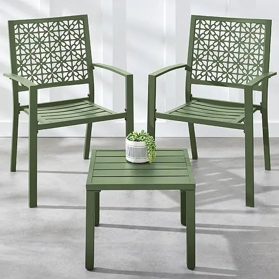 3-Piece Outdoor Bistro Set, Stackable Modern Steel Furniture for Porch, Garden w/ 2 Chairs, Table, Geometric Decor - Peacock Bl