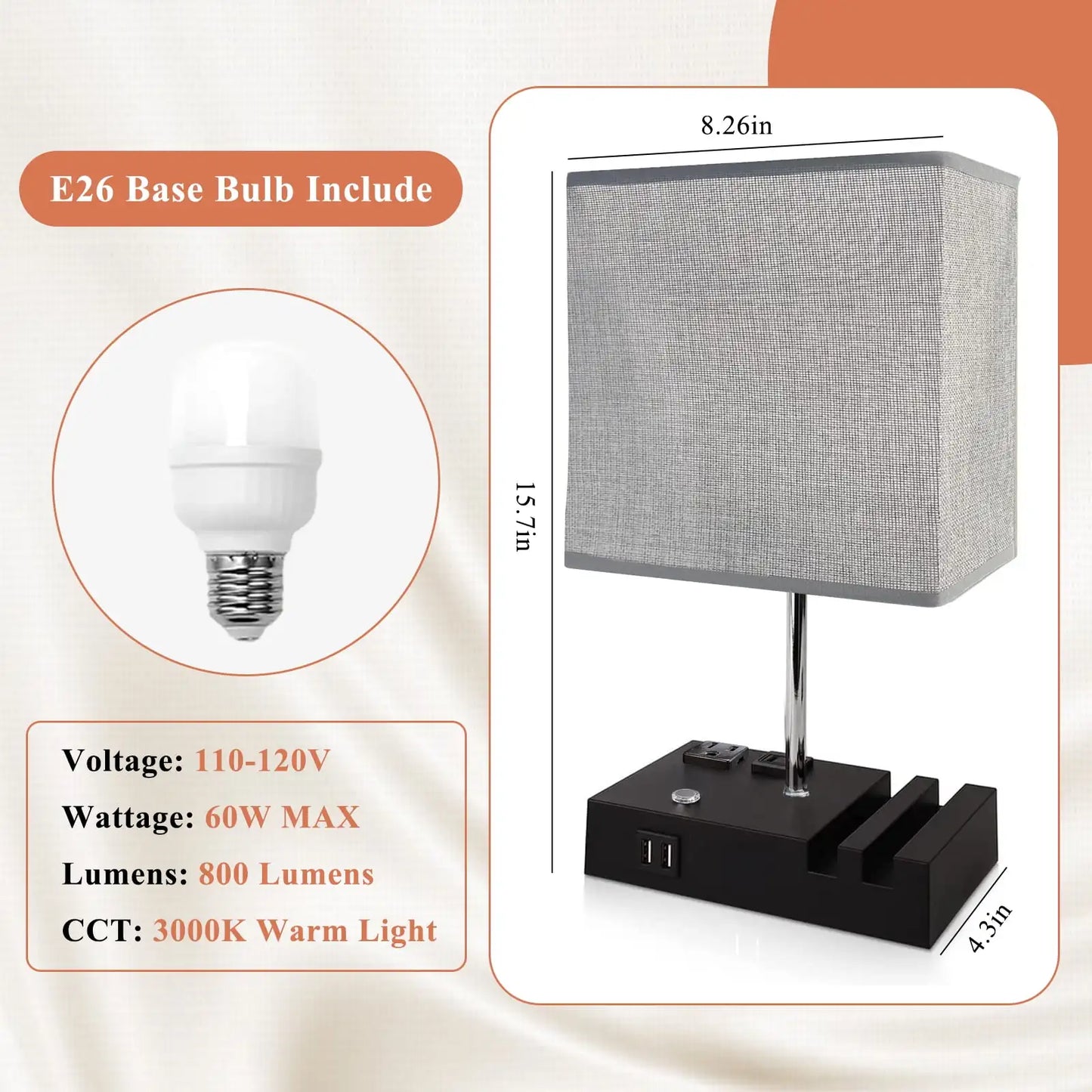 SZRSTH Dual USB Port Bedside Table Lamp With Dimmable LED