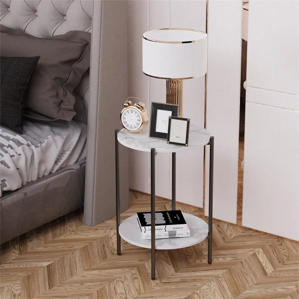 LUVODI 2-Tier Round Coffee End Tables Sofa Side Table Plant Stand with Storage Shelf Metal Frame for Living Room Bedroom