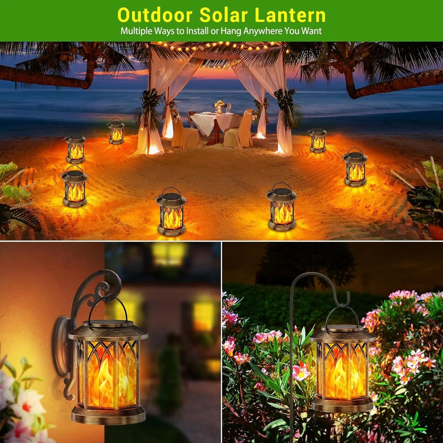 2 Pack Upgraded Flickering Flame Solar Lanterns Lights Outdoor, Solar Hanging Lights Outdoor for Garden, Bronze/Black