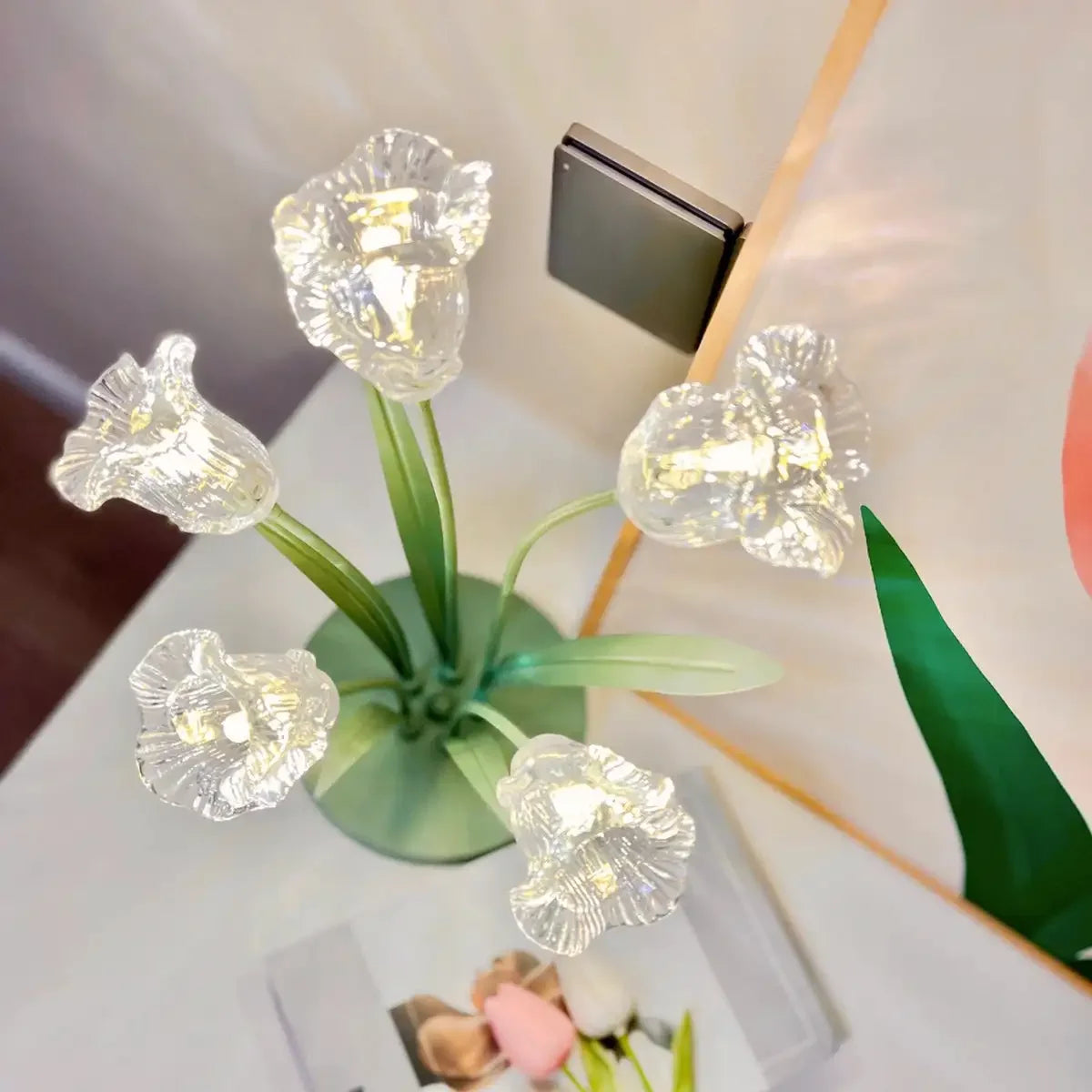 Bell Orchid Glass Table Lamp With LED Bulbs For Homes