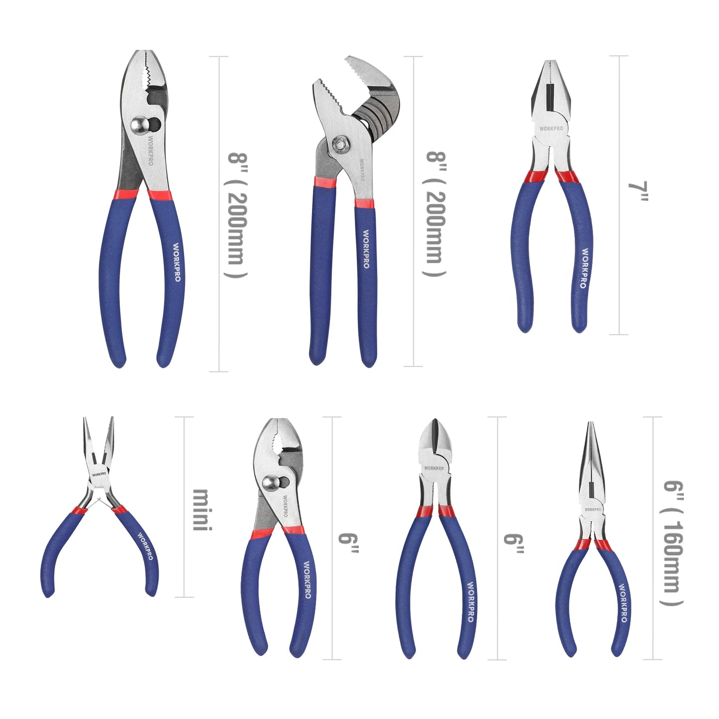 WORKPRO 7-piece  Pliers Set with Groove Joint, Long Nose, Slip Joint, Linesman and Diagonal Pliers for DIY