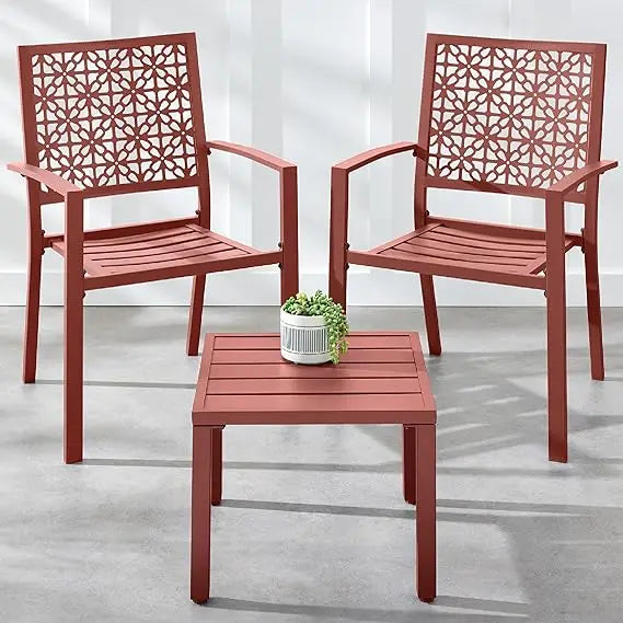 3-Piece Outdoor Bistro Set, Stackable Modern Steel Furniture for Porch, Garden w/ 2 Chairs, Table, Geometric Decor - Peacock Bl