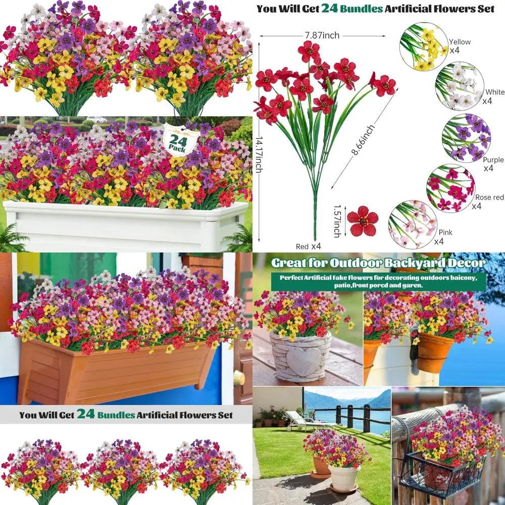 24 Pcs Artificial Flowers for Outdoor,Plastic Flowers Decoration, UV Resistant Faux Flowers Shrubs, Artificial Plants for Indoo