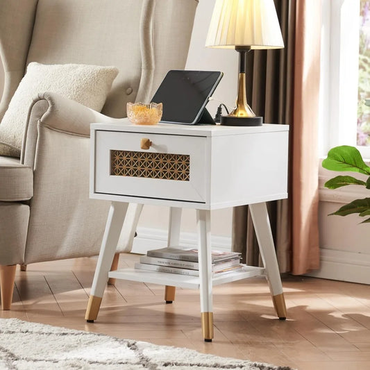 Hign-concerned Boho Side Table With USB Ports And Drawer