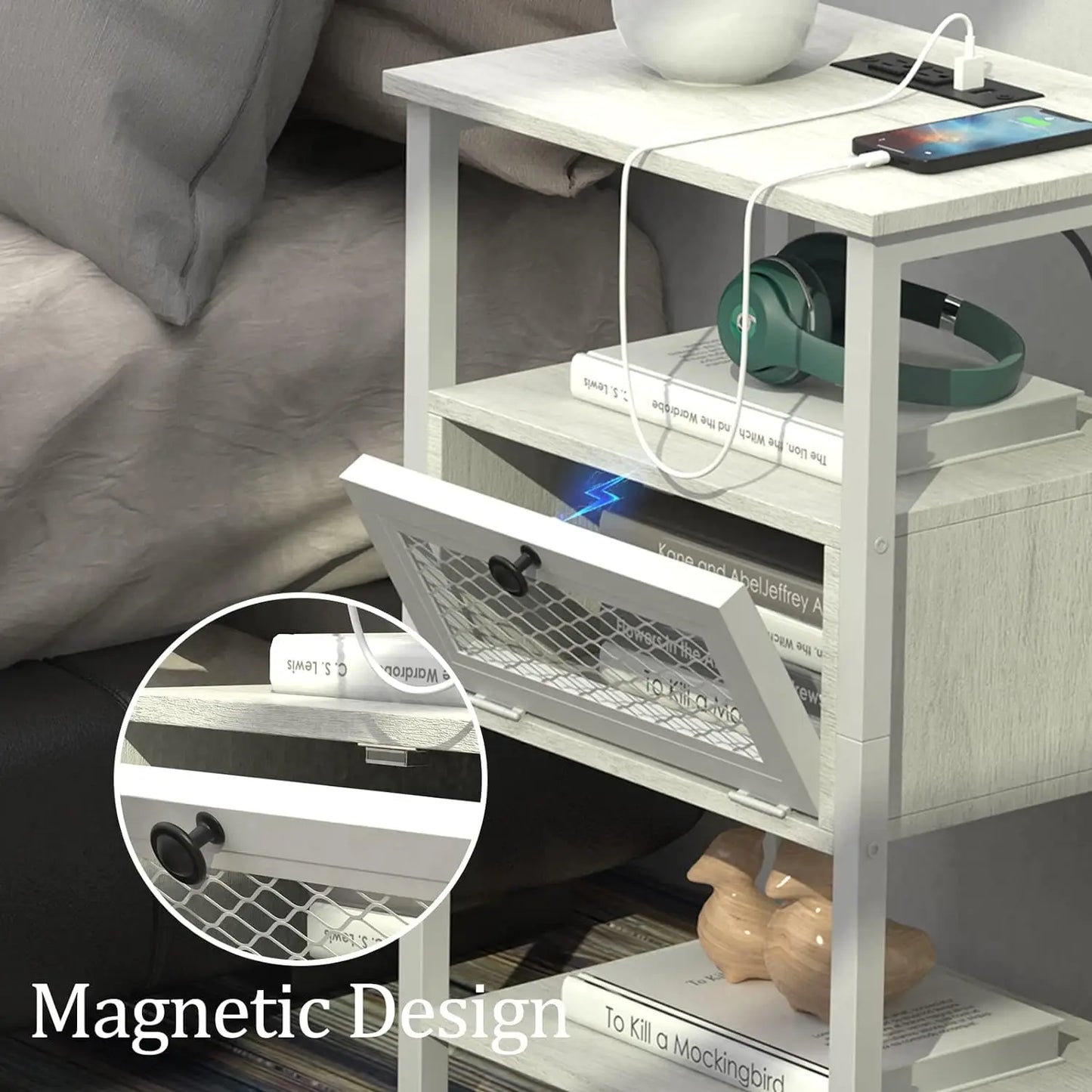 ZISIZ Nightstand Charging Station End Side Table Drawer