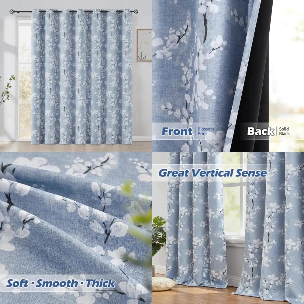 FMFUNCTEX 100% Blackout Sliding Door Curtains for Living Room, Blue Floral Print Extra 100 Wide Window Curtain Panels for Slidin