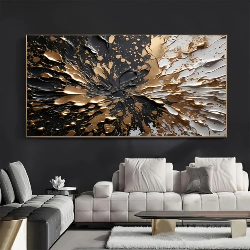 Modern abstract black gold ink splash texture wall mural, suitable for interior decoration, 1.5 inch thick pine solid wood frame