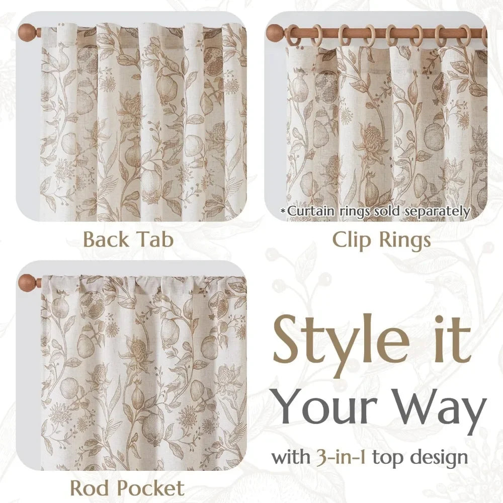 jinchan Linen Curtains Floral Curtain for Living Room 96 Inch Long French Rod Pocket Light Filtering Toile Print Farmhouse Bedro