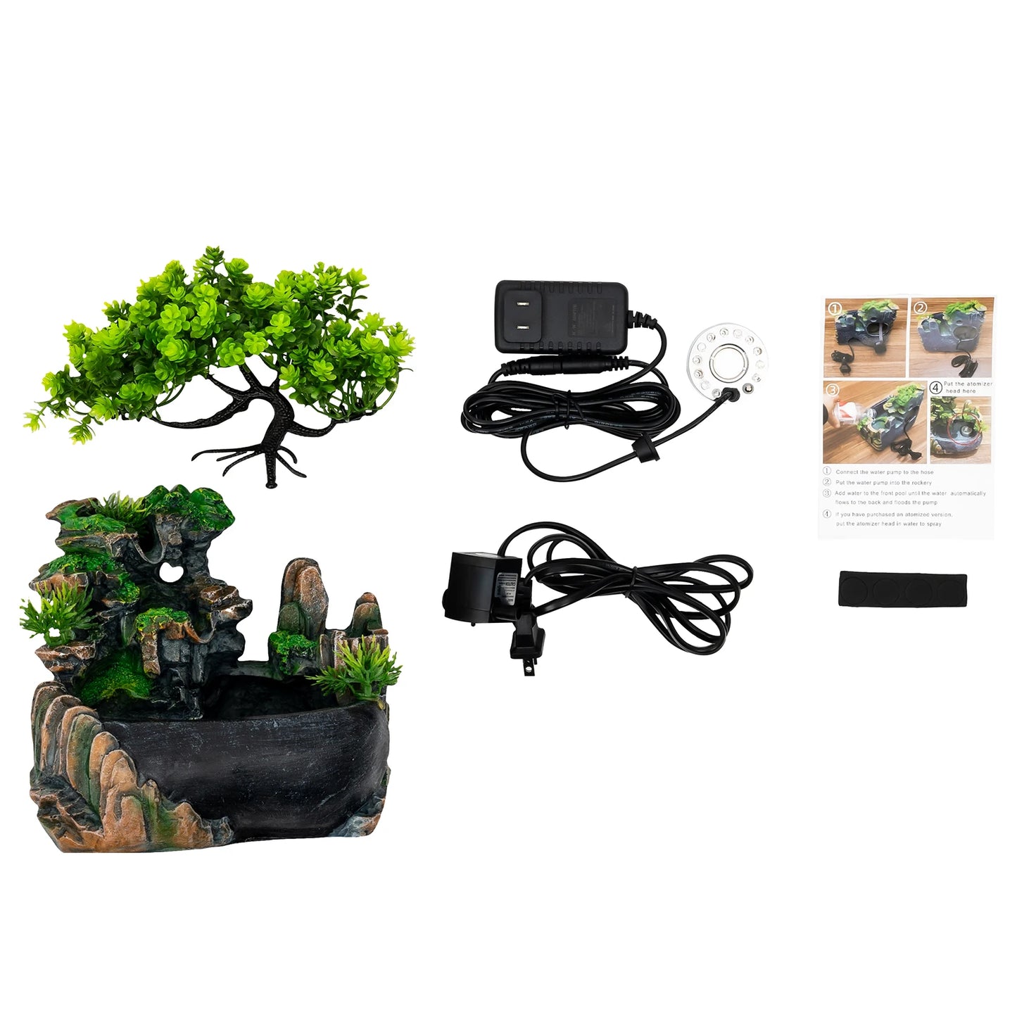 Tabletop Fountain Atomizing Desktop Humidifier with Rockery & Bonsai Waterfall Feature Fountain Desk Decoration
