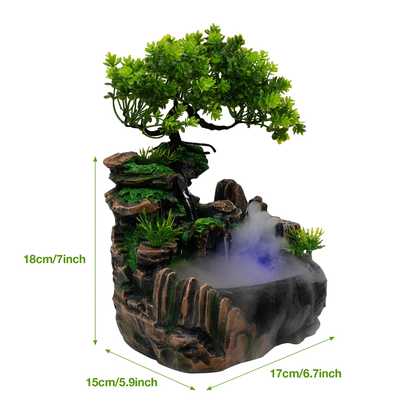 Tabletop Fountain Atomizing Desktop Humidifier with Rockery & Bonsai Waterfall Feature Fountain Desk Decoration