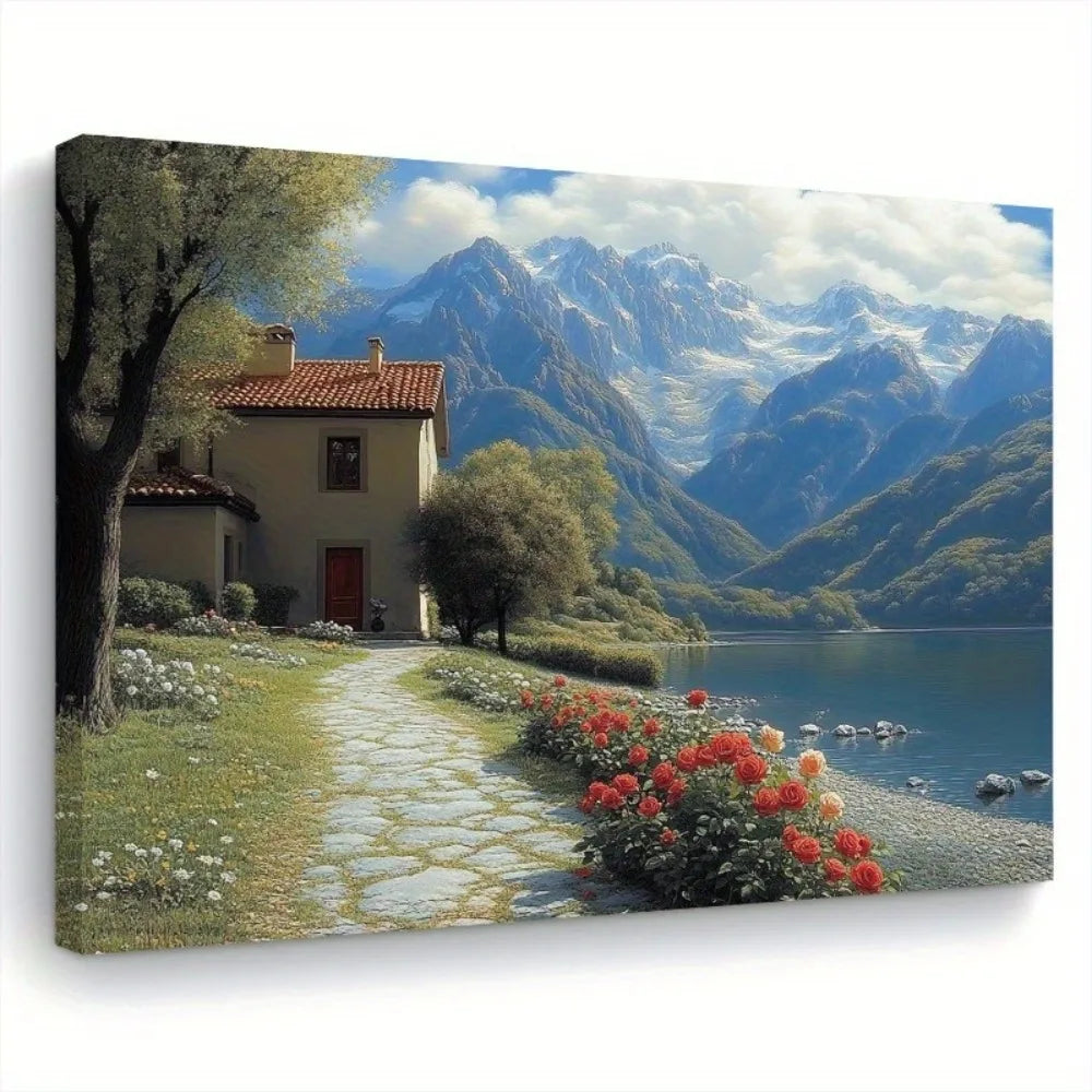 1.5 inch thick wood pine frame, interior art mural, home decor mural, wood frame depicting red flowers by the river