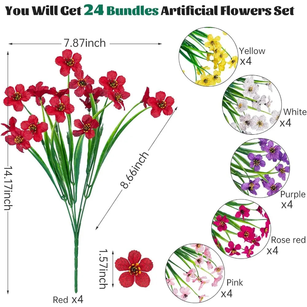 24 Pcs Artificial Flowers for Outdoor,Plastic Flowers Decoration, UV Resistant Faux Flowers Shrubs, Artificial Plants for Indoo